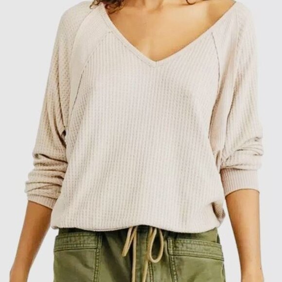 Free People Tops - Free People Santa Clara Oversized Cream Ivory Thermal V-Neck Long Sleeve Top, M